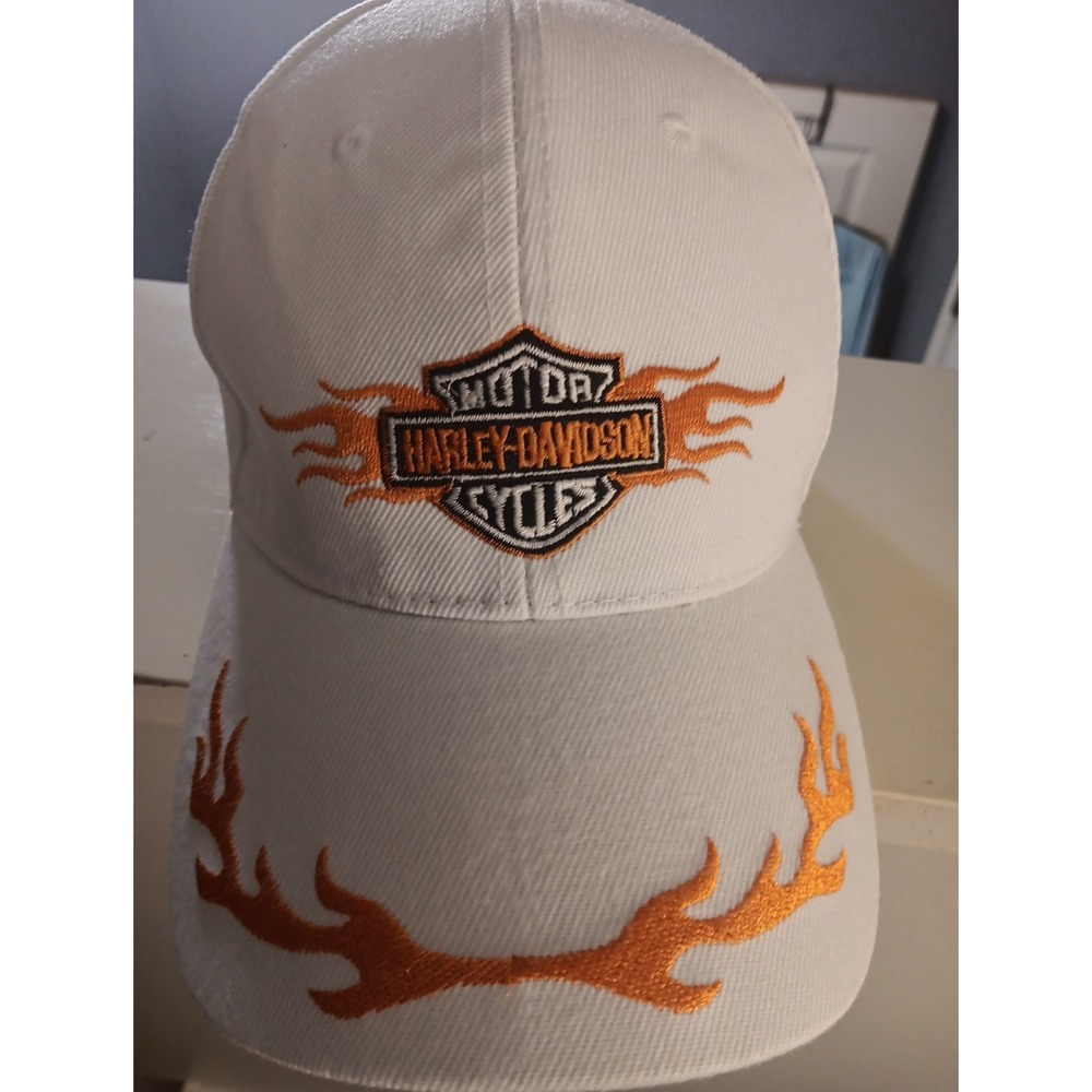 Vtg Harley Davidson White Embroidered Flames Logo Canvas Baseball Cap Hat